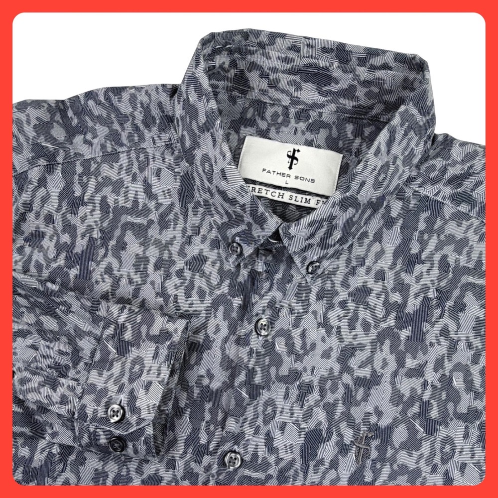Father Sons Stretch Slim Fit Men L Gray Cotton Geometric Print Button Down Shirt